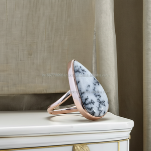 Anillo de amor de Plata de Ley 925 hecho a mano para mujer, juego de piedras preciosas de ópalo de dendrita natural en banda chapada en oro para compromiso - Product Image 1