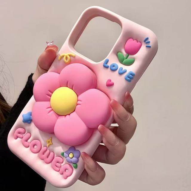 Ins Floral Pink Cute Girl Silicone Mobile Phone Case for Iphone 16pro Max 15 Pro Bracket Soft Case 17Ari Kawaii Style Gifts