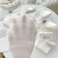 Chaussettes courtes en coton pour femmes, motif cœur violet et nœud, respirantes, décontractées, style japonais, vente en gros sur mesure