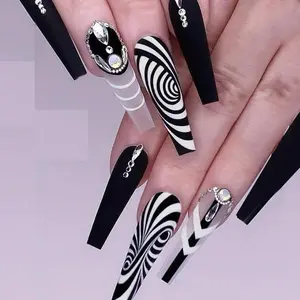 Elegant Black White Acrylic Fake False Press On Nails Coffin Artificial Fingernails Tips With Shining Diamond For Women