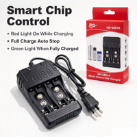 Chargeur de piles rechargeables indépendant à quatre emplacements AA/AAA/9V, entrée 100-240V, sortie 1.2V-800mA, arrêt automatique, pour appareil photo et microphone