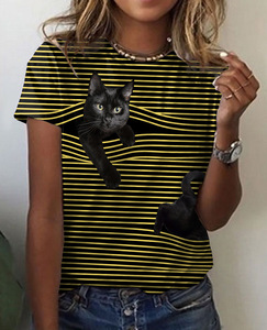 Nouveau T-<span class=keywords><strong>shirt</strong></span> pour <span class=keywords><strong>femme</strong></span> à col rond et imprimé graphique <span class=keywords><strong>chat</strong></span> à <span class=keywords><strong>motif</strong></span> rayé pour décontracté - Product Image 4