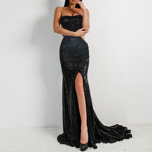 Sexy Fashion <strong>Silver</strong> Rhinestone Sequin <strong>Dress</strong> <strong>Women</strong> Evening <strong>Dress</strong> Long Gown Split <strong>Dress</strong> - Product Image 4