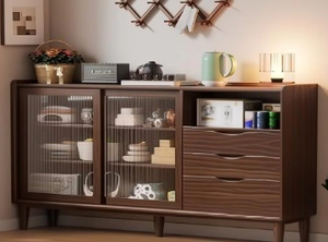 Modern Walnut <b>Sideboard</b> Display Cabinet Brown <b>Storage</b> Buffet with Glass Doors Drawers for Living Room Kitchen - Product Image 3