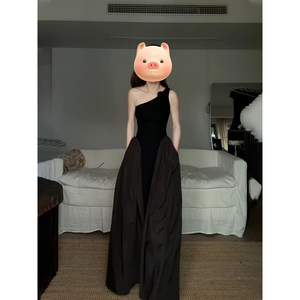 Korean Style Asymmetrical Neckline Pleated Long Dress Black Fitted Waist Evening Dress For Tourism Leisure Beach Daily Dating - Product Image 5