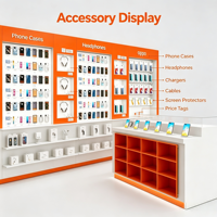 Meuble de présentation mobile personnalisé orange et blanc pour boutique, comptoir de service multi-niveaux avec vitrine d'accessoires muraux et grand rangement