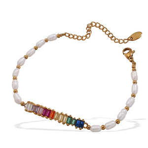 Freshwater Pearl <b>Beaded</b> <b>Bracelet</b> With Colorful Zircon Gems Stainless Steel Party Jewelry Irregular Geometric Design - Product Image 5