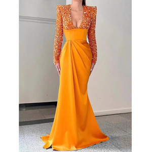 Vestido de noche de manga larga con cuello en V y lentejuelas, estilo sirena, formal, para mujer - Product Image 1