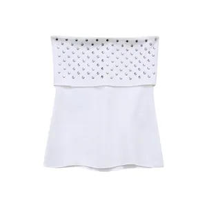 Rivet white color strapless knitted casual fashion crop tank top for women
