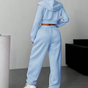 Ensemble sweat-shirt à capuche et pantalon de survêtement zippé décontracté pour femmes, couleur unie, épaules tombantes - Product Image 2