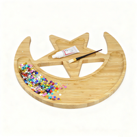 Plateau de service en bambou avec motif de lune et d'étoile pour les desserts, les aliments, les fruits, les fêtes islamiques musulmanes, le Ramadan, les décorations de l'Aïd Moubarak