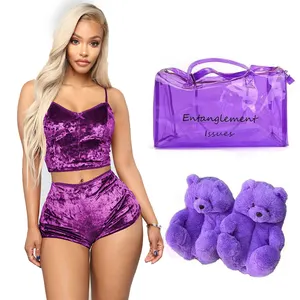 Grosir Set Kustom Jelas Satu Wol Perjalanan Semalam Menghabiskan Tas Malam dengan Sandal Teddy Bear Beludru Pakaian Dalam Lingerie