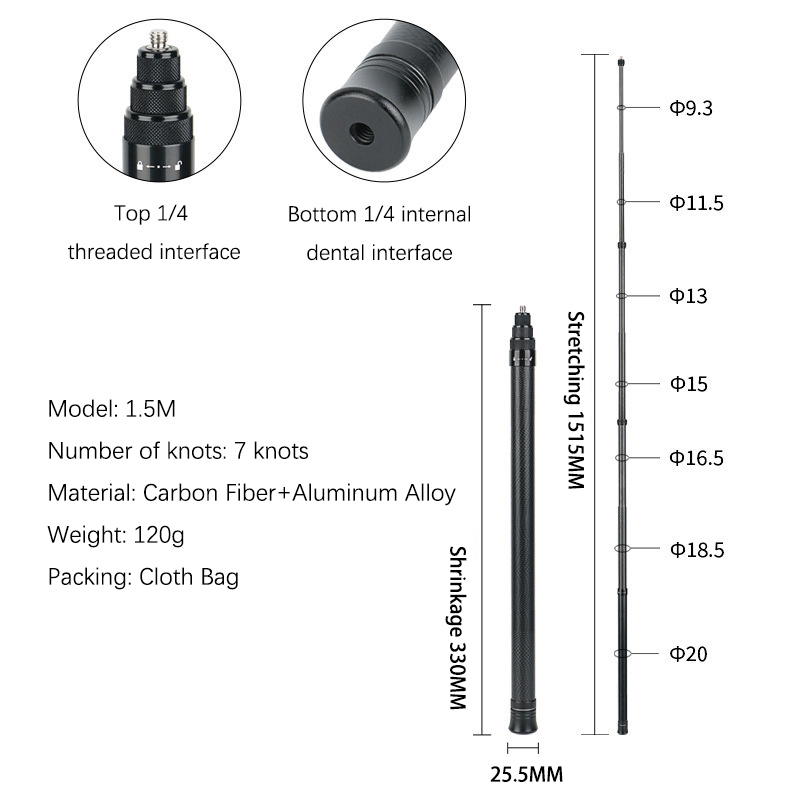 1,5 m de fibra de carbono selfie stick (siete secciones)