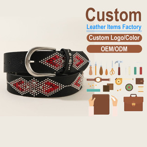 Custom Leather Belt Cow Hide Geometric Pattern Rhinestone Inlaid Silver <b>Pin</b> Buckle Durable Casual Ethnic Style One Piece Molding - Product Image 1