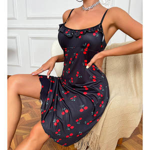 Camisola Sexy para mujer <span class=keywords><strong>Boutique</strong></span>, vestido largo a la moda con estampado de cerezas, encaje plisado, divertido vestido erótico, camisón Sexy para mujer - Product Image 6