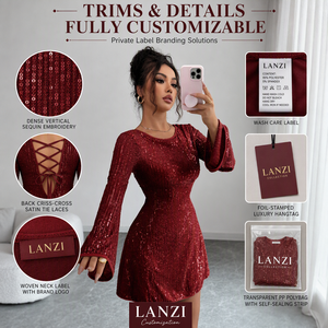 Vestido Mini Bodycon de Lentejuelas de Primavera de Marca Privada OEM ODM Sexy y de <span class=keywords><strong>Club</strong></span> con Manga Larga Acampanada, Cuello Redondo y Detalle de Lazo de Satén en la Espalda - Product Image 6