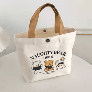 MX Reusable <b>Cute</b> Naughty <b>Bear</b> Custom Printed Canvas Tote Bag Minimal Casual Daily Handbag Button Closure Lunch Storage Shopping - Product Image 1
