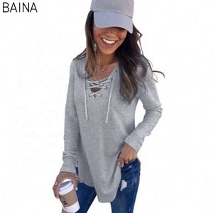 Blusas para Mujer, 7 Colores Sólidos, Tallas Grandes, Holgadas, Casuales, Manga Larga, Cuello en V, Elegantes, con Cordones - Product Image 1