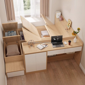 Economical Durable Light Wood Tatami Bed <b>with</b> Integrated <b>Desk</b> Storage Drawers Modern Bedroom Furniture For Studio Apartment - Product Image 5