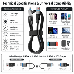 <span class=keywords><strong>สาย</strong></span><span class=keywords><strong>ชาร์จ</strong></span>เร็ว PD 4-in-1 60W พร้อมจอแสดงผลพลังงาน LED USB <span class=keywords><strong>C</strong></span> ถึง8 PIN <span class=keywords><strong>Type</strong></span>-<span class=keywords><strong>C</strong></span> ไนลอนถักหลาย<span class=keywords><strong>สาย</strong></span>สำหรับ iPhone Samsung - Product Image 6