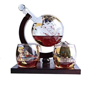 1000ml Thickened Gold Globe Whiskey Decanter with Wooden Crown Cap and Clear Glass Acid Etched Label for Wine Free Sample