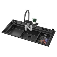Fregadero de Cocina NILLOS N11550XN Moderno, Cuadrado, Doble, de Diseño Escalonado, Duradero, de Acero Inoxidable Nano 304 Negro, con Grifo Táctil