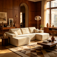 Canapé modulaire en velours côtelé à larges côtes avec chaise longue et ottoman, ensemble de meubles de salon au profil bas
