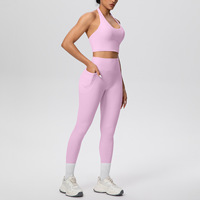 Nouvel ensemble de sport 2 pièces à col rond et taille haute, avec pantalon à poches rehausseur de hanches, séchage rapide, en Spandex/Nylon, pour course, yoga et activités décontractées en extérieur