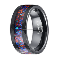 POYA Fashion 8mm Bague en tungstène martelé noir Incrustation d'opale colorée Bagues de promesse personnalisées pour lui et sa bague d'anniversaire