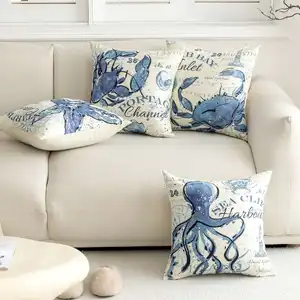 Vente en gros de housse de coussin en lin imprimé de couleur bleue de la série Ocean 18x18 taie d'oreiller décorative imprimée sur un côté pour canapé d'hôtel