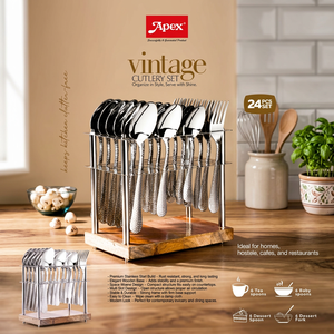 Ensemble de couverts vintage en acier inoxydable 24 pièces, service de table avec base en bois, manches longs, passe au lave-vaisselle, cuillères et fourchettes pour fête et bébé - Product Image 1