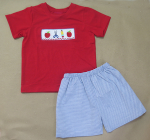 Ensemble de vêtements pour filles brodés à la main, tenue pour la rentrée scolaire, haut à rayures bleues, short rouge, vêtements brodés avec un crayon Apple - Product Image 2