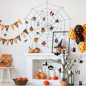 24 Pcs Halloween Wooden Ornaments Decorative Hanging Tag With Cords Pumpkin Ghost Bat Tombstones Pendants Hanging Signs