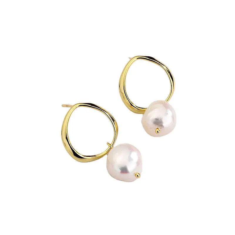 Popular Custom Natural Baroque Pearl Earrings 18K Gold Plated 925 Silver Circle Stud Pearl Earrings women