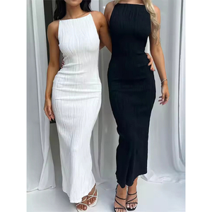 Vestido Feminino de Balada Ruched Sem Mangas Slim Sólido para Festa de Verão com Fenda nas Costas Vestido Longo Sexy para Mulheres - Product Image 1