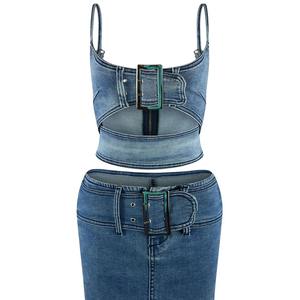 ZHEZHE 2024 Summer Fashion Damen Casual 2-teiliges Set Sexy ärmellose Cropped Tops Mini Cross Rock Street Wear Denim Solid - Product Image 2