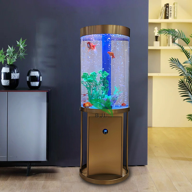 Floor Standing Modern Led Transparent Cylinder Aquarium Fish Tank Home Office Decoration with Rose Gold Stainless Steel Base