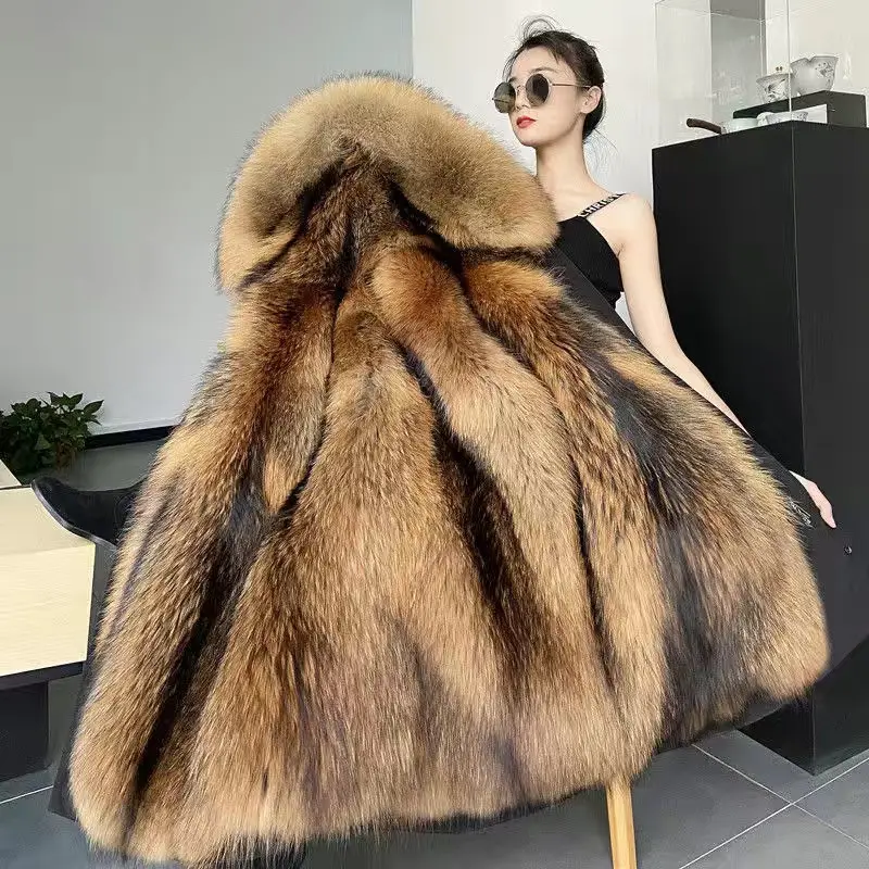 Abrigo de piel sintética de moda para mujer, cálido, abrigo de piel sintética de longitud media, capucha desmontable