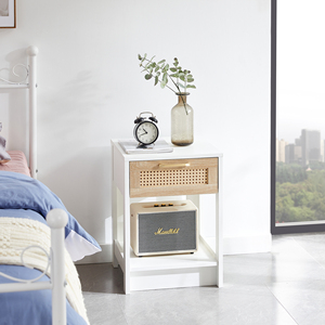 Rattan End Table With <b>Drawer</b> Modern Nightstand White <b>Side</b> Table For Bedroom Living Room - Product Image 5