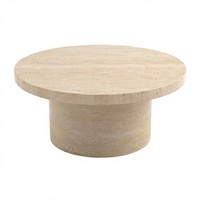 Table basse ronde en marbre travertin beige, table centrale en pierre, texture naturelle pour salon