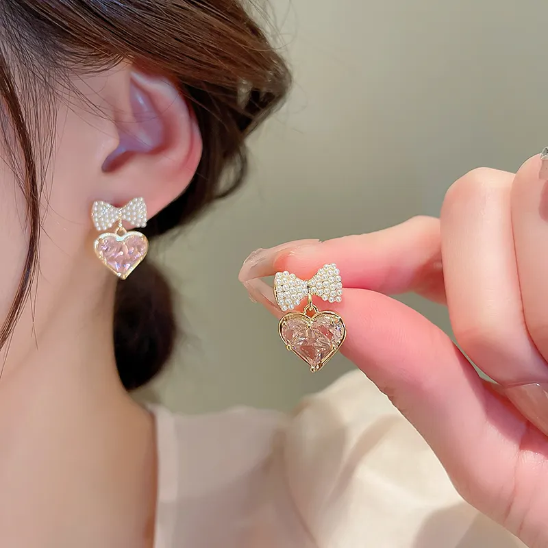 fashion trendy pink cz love heart drop earrings