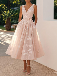 Robe de Soirée Derby pour Femme, Motif Floral, Longueur Midi, pour Invitée de Mariage, Printemps, Cocktail, Sans Manches, Coupe Trapèze avec Poches 2026 - Product Image 6