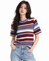 Haut en tricot rayé personnalisé pour femme, col rond, manches courtes, bordeaux, blanc, bleu, bordure contrastée, pull, service ODM