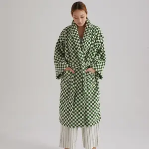 High Quality 100% Cotton Terry Cloth Bathrobe Towel Set LOGO Embroidery Nice Luxury Hotel 100% Cotton Green Plaid Bathrobe