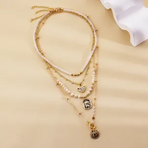 Conjuntos de colares de joias banhados a ouro 18K para mulheres, pingente de contas de vidro com pingente de coração e olhos, em camadas múltiplas