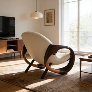 Fauteuil d'appoint incurvé de luxe <span class=keywords><strong>moderne</strong></span> - Revêtement en cuir de qualité supérieure avec structure en bois de noyer massif - Product Image 4