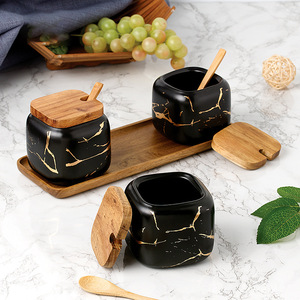 Prix de gros bidon de stockage des aliments 3 pièces bols à sucre ensemble de pots à café en céramique pot d'assaisonnement en céramique avec couvercle cuillère et plateau - Product Image 5