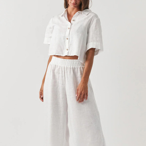 Supporto personalizzato da <span class=keywords><strong>donna</strong></span> in <span class=keywords><strong>lino</strong></span> cotone eco-friendly tessuto organico da <span class=keywords><strong>donna</strong></span> a due pezzi pantaloni larghi <span class=keywords><strong>abbigliamento</strong></span> da <span class=keywords><strong>donna</strong></span> - Product Image 1