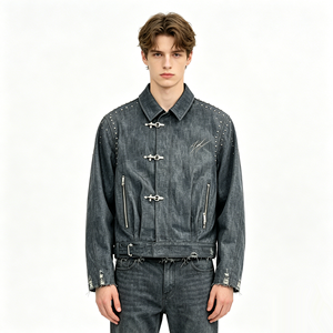 Custom Studded Shoulder Denim Jacket <strong>Men</strong> Toggle Button Closure Zipper Pocket Belted Waist Streetwear <strong>Coat</strong> OEM Factory - Product Image 1