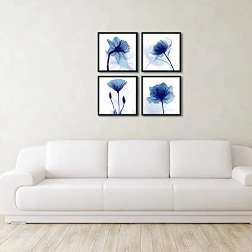 Hot selling blue flowers decorative wall art 4 panels floating frame canvas ready to hang home hotel office decor
